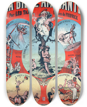 Triptych art skateboard deck of Alfred Choubrac La Bible Amusante by Alfred Choubrac (1853-1902)