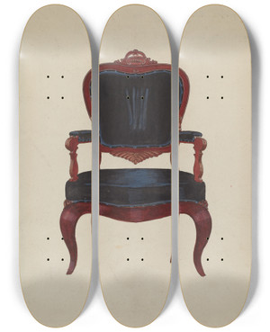 Triptych art skateboard deck of Edward A Darby Armchair by Edward A Darby