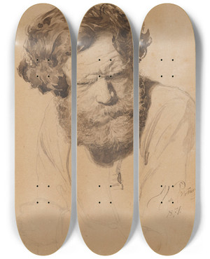 Triptych art skateboard deck of Ilya Efimovich Repin Portrait Of A Russian Peasant by Ilya Efimovich Repin (1844-1930)