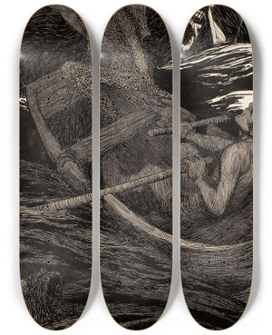 Triptych art skateboard deck of William Heath Robinson When My Lords The Devils Have A Mind To Recreate Themselves On The Waters by William Heath Robinson (1872-1944)