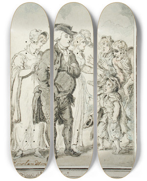 Triptych art skateboard deck of Thomas Rowlandson The Vicar Of Wakefield by Thomas Rowlandson (1756-1827)