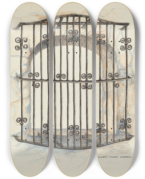 Triptych art skateboard deck of Harry Mann Waddell Iron Grille At Window_3 by Harry Mann Waddell (1876-1956)