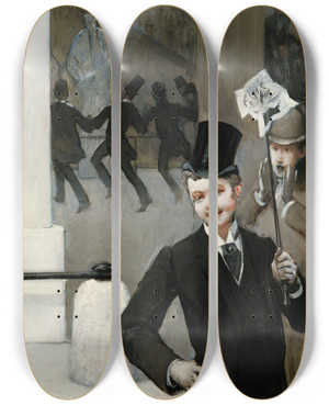 Triptych art skateboard deck of Henrijulesjean Geoffroy Studentfarandole by Henri-Jules-Jean Geoffroy (1853-1924)