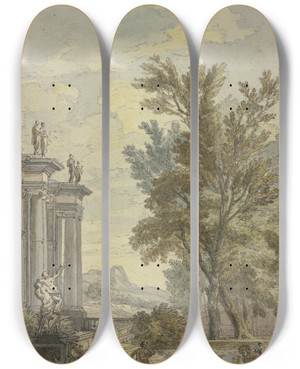 Triptych art skateboard deck of Isaac De Moucheron Parkansicht Links Ein Gebude Mit Sulen Und Statuen Davor Ein Bassin Auf Welchem Eine Gondel Fhrt by Isaac de Moucheron (1667-1744)