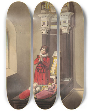Triptych art skateboard deck of Daniel Lysons Tomb Of The Three Children Of Sir Thomas Savage From Isleworth Church by Daniel Lysons (1762-1834)