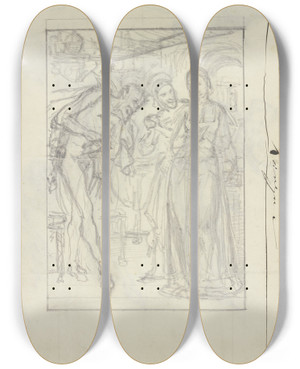 Triptych art skateboard deck of Ferdinand Fellner Mephisto Bei Gretchen Im Zimmer_2 by Ferdinand Fellner (1799-1859)