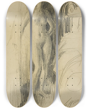 Triptych art skateboard deck of Anders Zorn Nude Figure Standing Near A Bed by Anders Zorn (1860-1920)