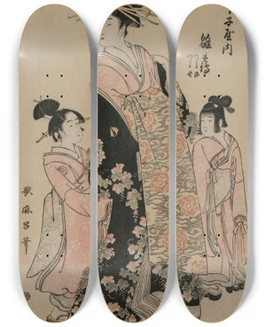 Triptych art skateboard deck of Kitagawa Utamaro The Courtesan Hinazuru Of Chojiya With Her Attendants Tsuruji And Tsuruno by Kitagawa Utamaro (1753-1806)