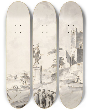 Triptych art skateboard deck of Giacomo Guardi Capriccio With A Statue Of A Warrior And A Ruined Castle On The Shore Of The Lagoon by Giacomo Guardi (1764-1835)