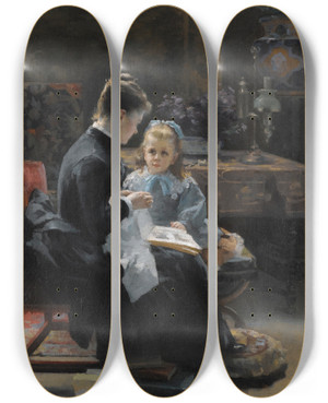 Triptych art skateboard deck of Fanny Fleury La Lecon by Fanny Fleury (1846-1923)
