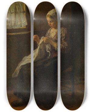 Triptych art skateboard deck of Jozef Israls The Young Seamstress by Jozef Israels (1824-1911)