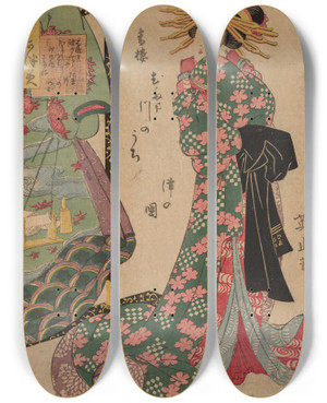 Triptych art skateboard deck of Kikukawa Eizan Courtesan Beside Kimono Rack by Kikukawa Eizan (1787-1867)