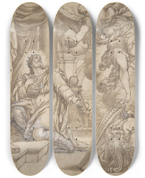 Triptych art skateboard deck of Valentin Lefebvre David Chooses Three Days Of Pestilence by Valentin Lefebvre (1642-1682)