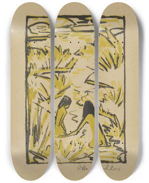 Triptych art skateboard deck of Otto Mueller Zwei Badende Im Bach by Otto Mueller (1874-1930)