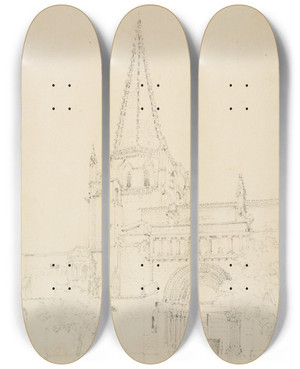 Triptych art skateboard deck of Jacquesraymond Brascassat Lglise De Tarascon by Jacques Raymond Brascassat (1804-1867)