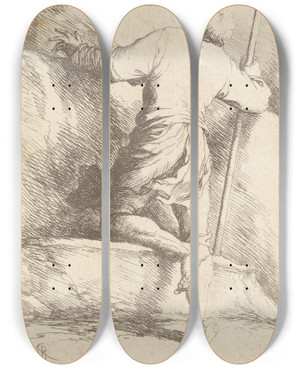 Triptych art skateboard deck of Salvator Rosa Man With Staff Seen From Behind by Salvator Rosa (1615-1673)