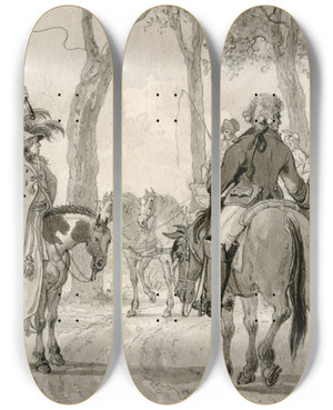 Triptych art skateboard deck of Reinier Vinkeles Twee Ruiters Bij Een Rijtuig Zij Plaatsten Zich by Reinier Vinkeles (1741-1816)