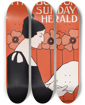 Triptych art skateboard deck of Ethel Reed The Boston Sunday Herald Ladies Want It Feb 24 by Ethel Reed (1874-1900)