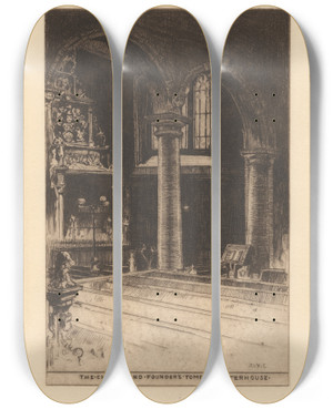 Triptych art skateboard deck of David Young Cameron The Chapel And Founders Tomb Charterhouse by David Young Cameron (1865-1945)