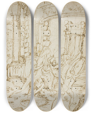 Triptych art skateboard deck of Circle Of Jacopo Zanguidi Study For The Rape Of The Sabines by Circle Of Jacopo Zanguidi (1544-1574)