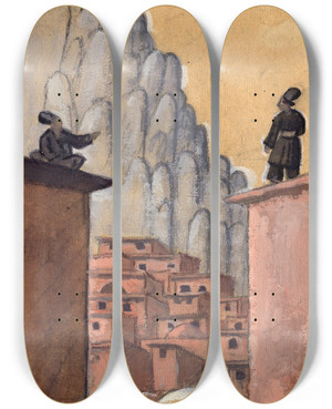 Triptych art skateboard deck of Jzeps Grosvalds Kurds On The Roof by Jazeps Grosvalds (1891-1920)