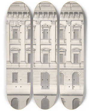 Triptych art skateboard deck of Carl Hrleman Design For A Palace Faade by Carl Harleman (1700-1753)