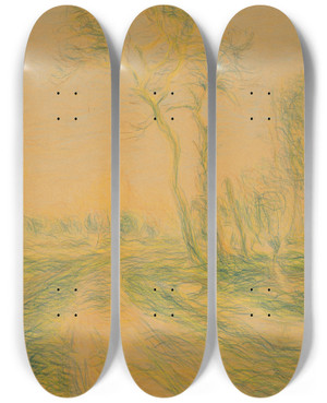 Triptych art skateboard deck of Alfred Sisley Landscape With Trees by Alfred Sisley (1840-1899)