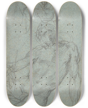 Triptych art skateboard deck of Giulio Cesare Procaccini Studies Of A Seated Nude Male Figure by Giulio Cesare Procaccini (1574-1625)