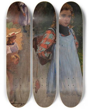 Triptych art skateboard deck of Friedrich Kallmorgen Kinderstudie by Friedrich Kallmorgen (1856-1924)