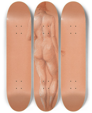 Triptych art skateboard deck of Sir Edward Coley Burnejones Nude Study For Attendant Figure In The Sleep Of Arthur In Avalon by Sir Edward Coley Burne-Jones (1833-1898)