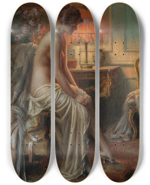 Triptych art skateboard deck of Delphin Enjolras A Lady In The Boudoir by Delphin Enjolras (1857-1945)