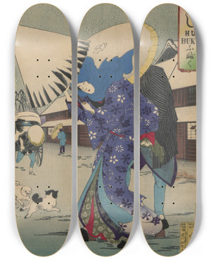 Triptych art skateboard deck of Toyohara Chikanobu The Album Of Nishikie Pl15 by Toyohara Chikanobu (1838-1912)