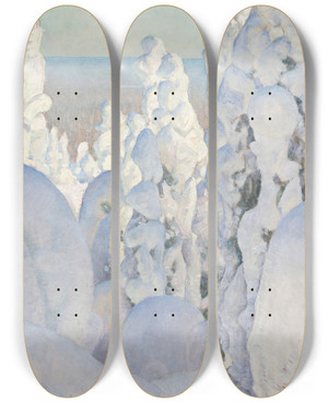 Triptych art skateboard deck of Pekka Halonen Winter Landscape Kinahmi by Pekka Halonen (1865-1933)