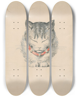 Triptych art skateboard deck of David Humbert De Superville Cat With Collar by David Humbert De Superville (1770-1849)