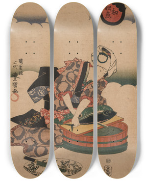Triptych art skateboard deck of Utagawa Kunisada Toyokuni Iii Preparing Bonita by Utagawa Kunisada (Toyokuni III) (1786-1865)