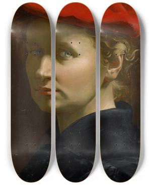 Triptych art skateboard deck of Ottilie Wilhelmine Roederstein Selfportrait With A Red Cap by Ottilie Wilhelmine Roederstein (1859-1937)