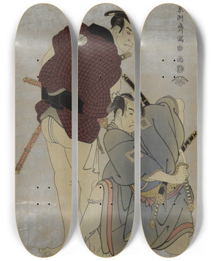 Triptych art skateboard deck of Tshsai Sharaku Sandaime Tani Oniji Shodai Ichikawa Omez by Toshusai Sharaku (1794-1795)