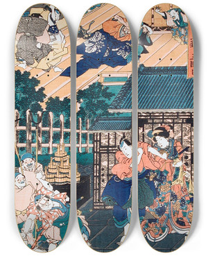 Triptych art skateboard deck of Utagawa Kunisada Toyokuni Iii Act Iii Enya Held From Attacking Moronao By Honz Kampei Sending Bannai Outside Of The Castle To Receive Honzs Gifts Said To Be From Wakasanosuke by Utagawa Kunisada (Toyokuni III) (1786-1865)