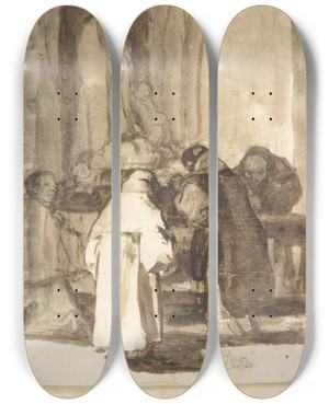 Triptych art skateboard deck of Francisco De Goya Figures Inside A Church by Francisco de Goya (1746-1828)