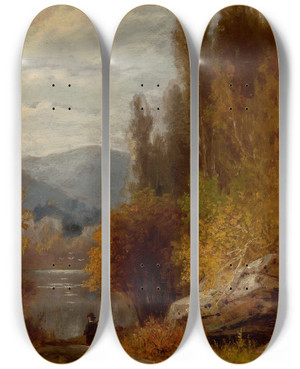Triptych art skateboard deck of Benjamin Champney Hunter On The Path by Benjamin Champney (1817-1907)
