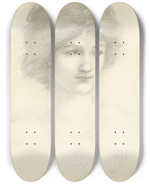 Triptych art skateboard deck of Sir Edward Coley Burnejones Head Study For The Sirens by Sir Edward Coley Burne-Jones (1833-1898)