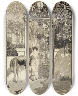Triptych art skateboard deck of Max Klinger Am Thor Eine Liebe Opus X Blatt 3 by Max Klinger (1857-1920)