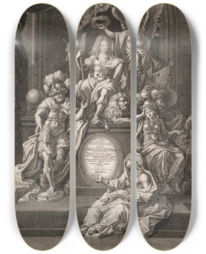 Triptych art skateboard deck of Andreas Reinhardt Allegorisk Opstilling Med Christian Gyldenlve by Andreas Reinhardt (1676-1742)