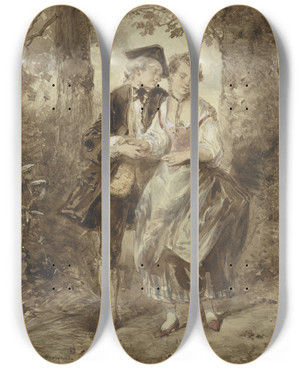 Triptych art skateboard deck of Herman Frederik Carel Ten Kate Verliefd Stel In Het Bos by Herman Frederik Carel Ten Kate (1822-1891)