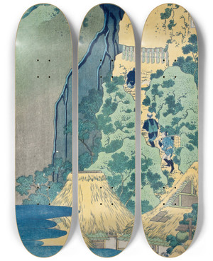 Triptych art skateboard deck of Katsushika Hokusai Kannon Shrine At Kiyo Falls Sakanoshita Tkaid by Katsushika Hokusai (1760-1849)