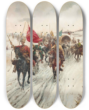 Triptych art skateboard deck of Adolf Baumgartnerstoiloff The Gold Escort by Adolf Baumgartner Stoiloff (1850-1924)