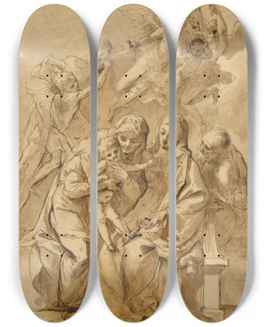 Triptych art skateboard deck of Pietro Testa Holy Family With Saint Anne by Pietro Testa (1612-1650)