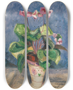 Triptych art skateboard deck of Otto Modersohn Blhendes Alpenveilchen by Otto Modersohn (1865-1943)
