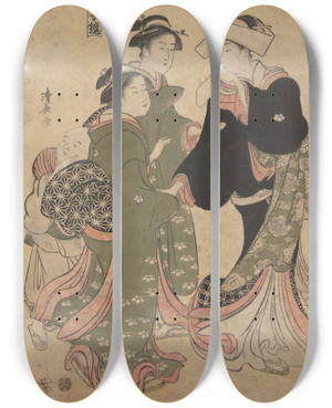 Triptych art skateboard deck of Torii Kiyonaga Courtesan Followed By Shinso And Two Kamuro by Torii Kiyonaga (1752-1815)