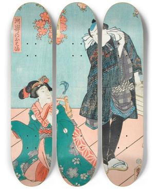 Triptych art skateboard deck of Utagawa Kunisada Toyokuni Iii A Scene From The Play Hana No Hoka Ni Waka No Kyokuzuki by Utagawa Kunisada (Toyokuni III) (1786-1865)